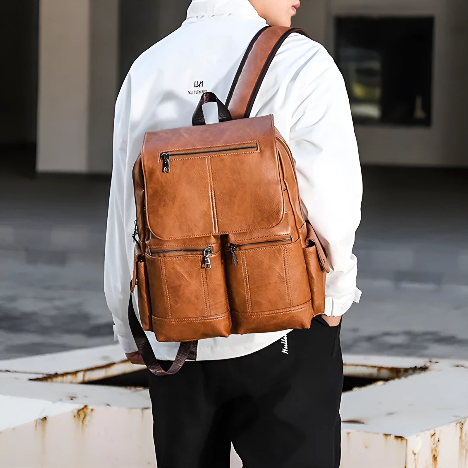 Men's vintage canvas laptop backpack in black with PU leather finish, 14-inch size, sewing thread detailing