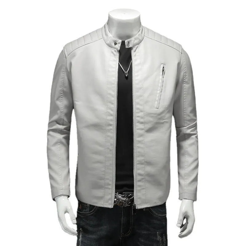 Plus size men's PU leather jacket with stand collar and zippered pockets in black