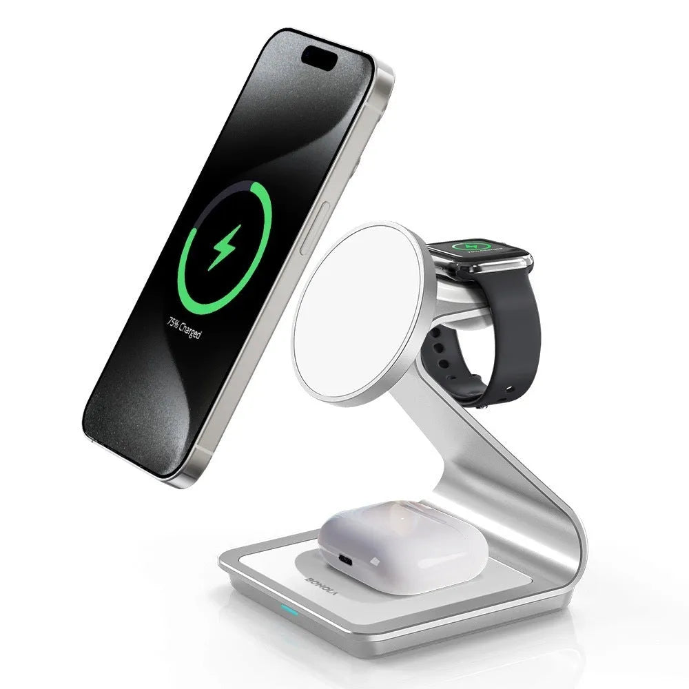 3-in-1 metal magnetic wireless charger stand charging iPhone, Apple Watch and AirPods on desk