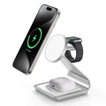 3-in-1 metal magnetic wireless charger stand charging iPhone, Apple Watch and AirPods on desk