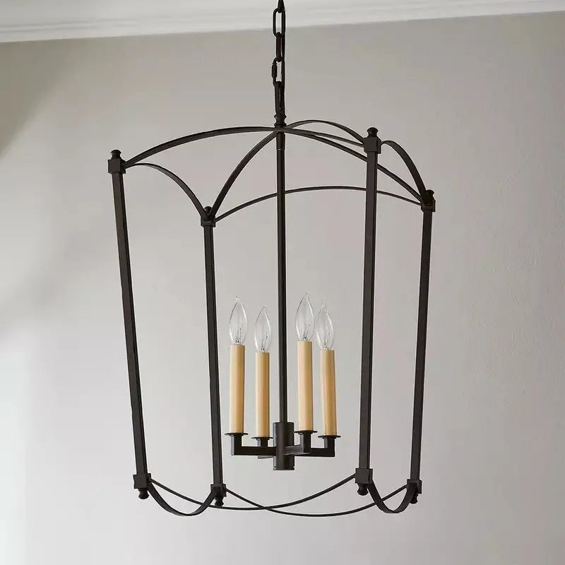 Four-head iron ceiling lamp in gold or black finish for villa staircases
