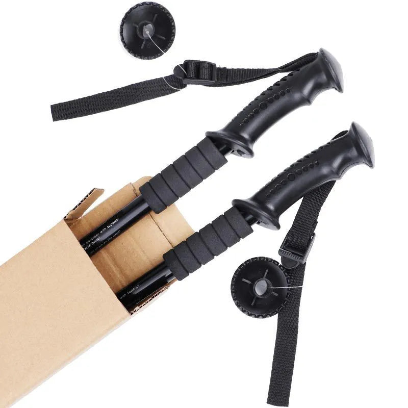 Aluminium alloy telescopic trekking poles with straight handles, adjustable from 65cm to 135cm, shown with mud supports and snow holders.