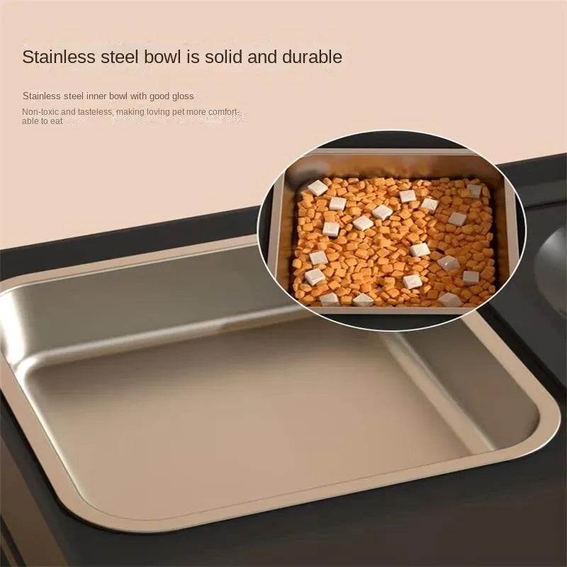 Adjustable height black dog feeding stand with two stainless steel bowls on non-slip base