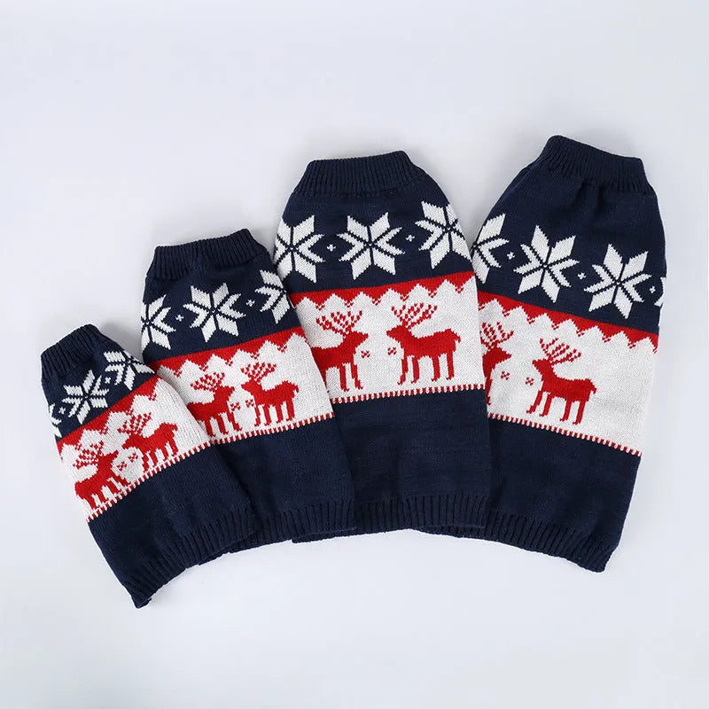 Navy blue knitted Christmas sweater for dogs showing European American styling on pet model