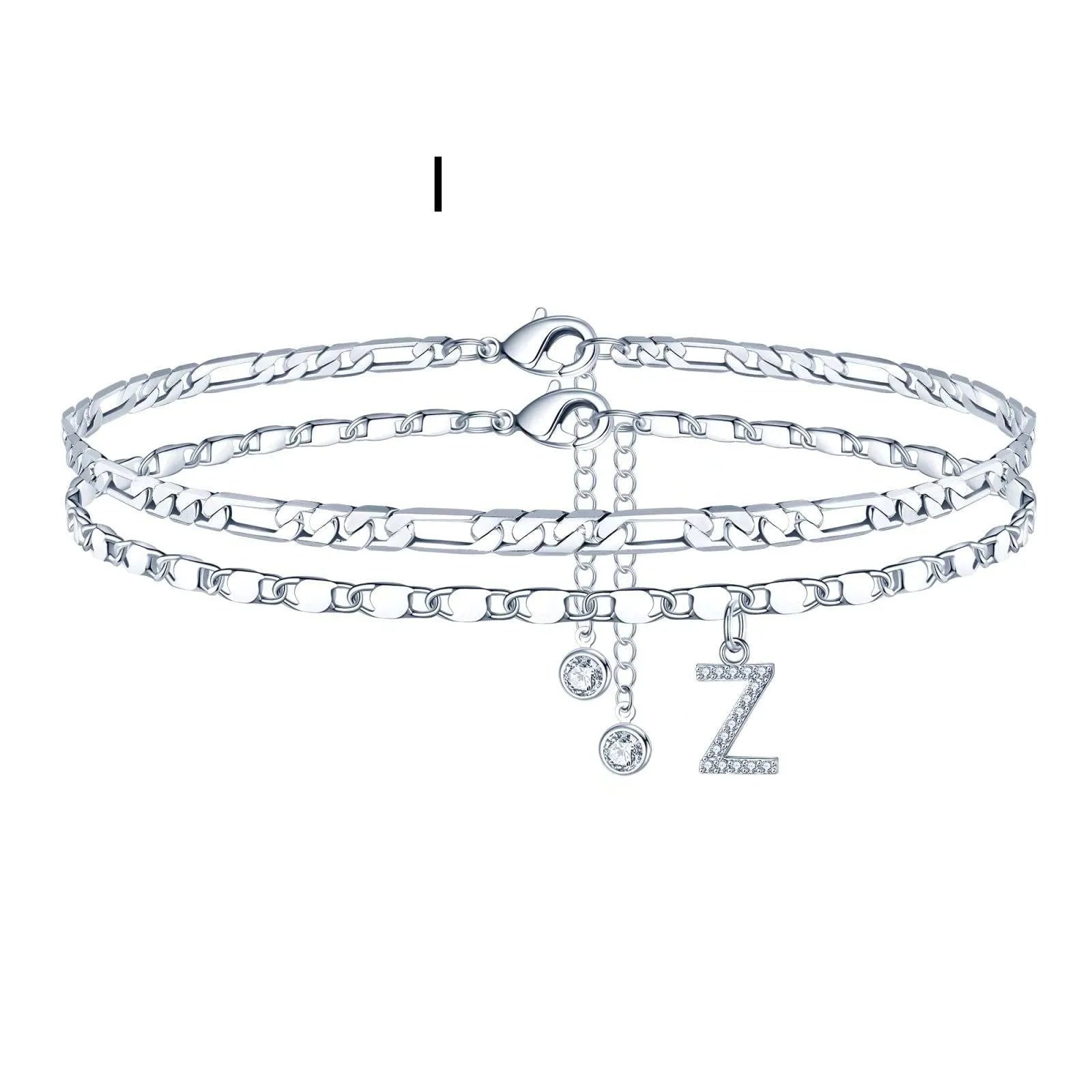Silver colour copper anklet with double-circle design and text bead elements on ankle
