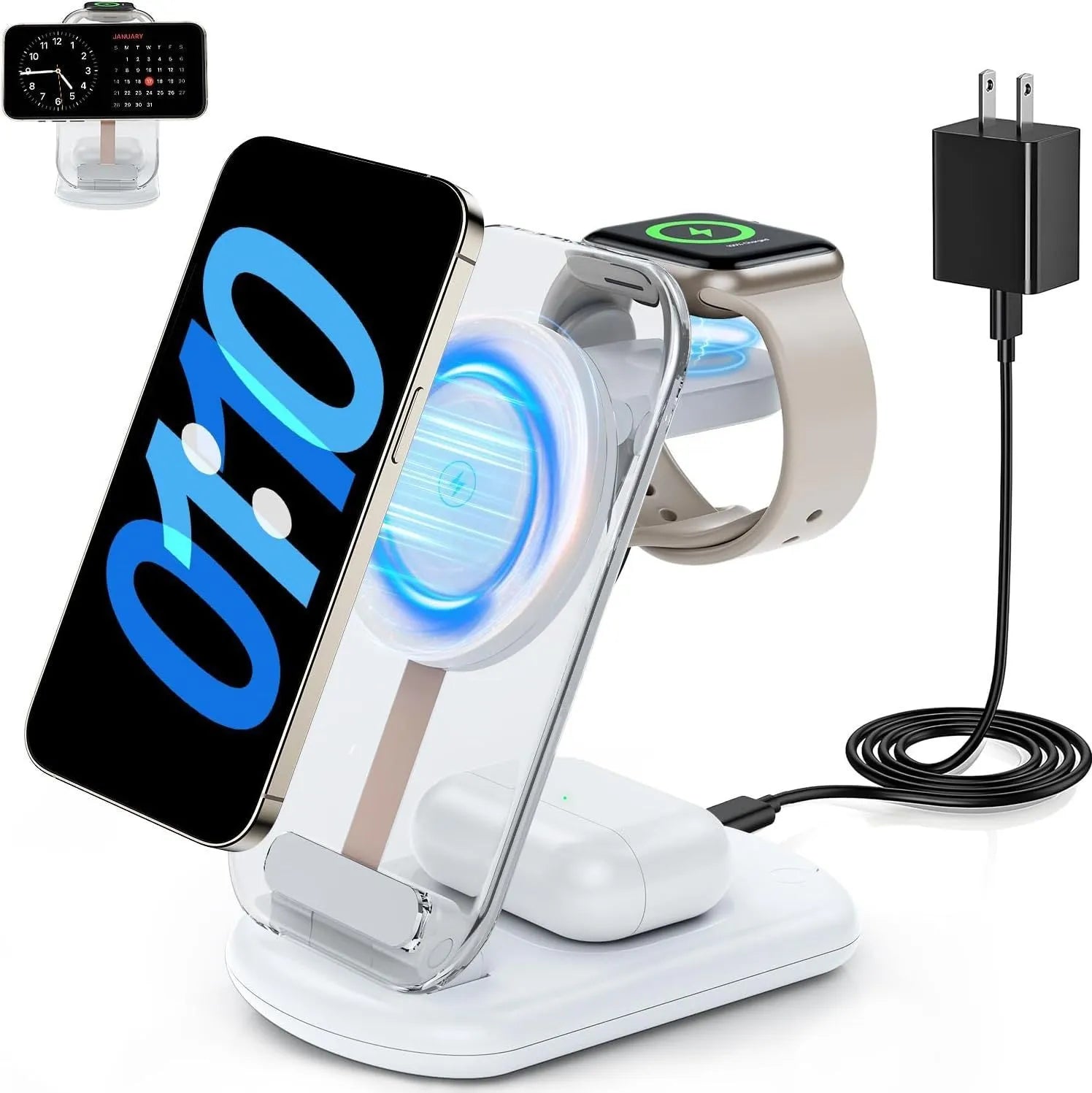 Clear folding wireless charger showing three internal coils, propped upright charging a mobile phone.