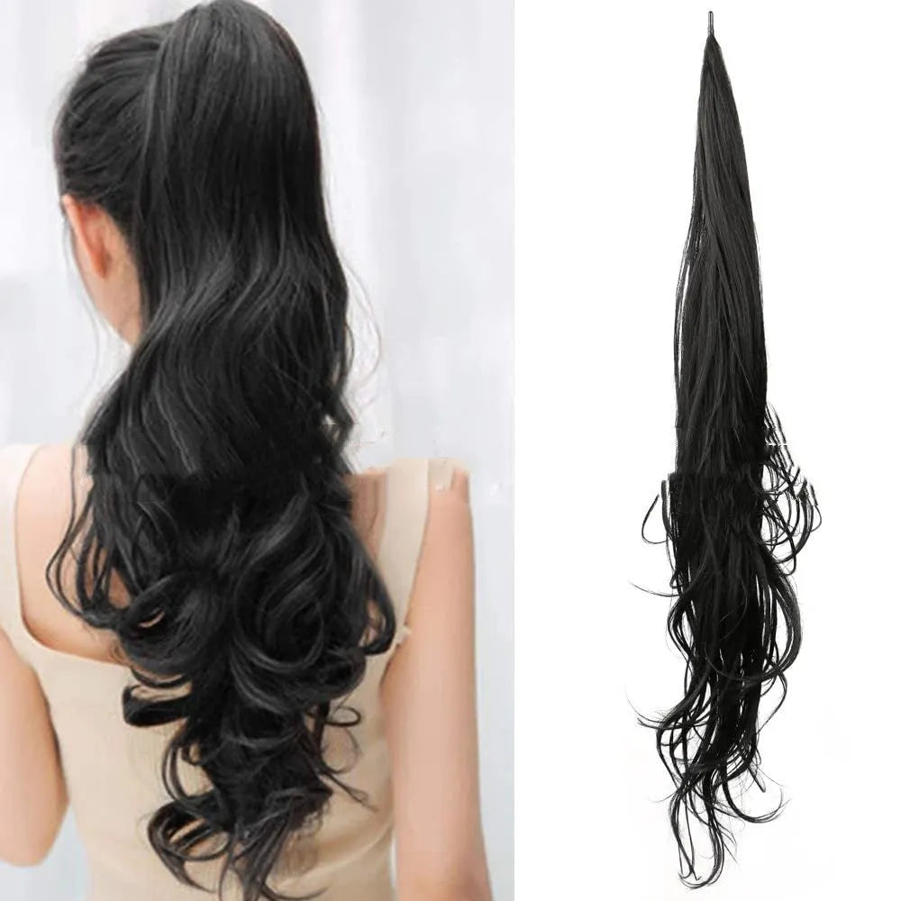 Long ponytail wrap wig in domestic silk fibre, 32in horse tail style, shown in one of seven colours including 1B, 4, 8, 12, 27, 613 and Grey
