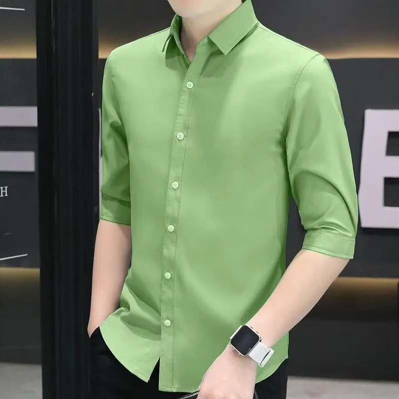 Men's slim-fit half-sleeve shirt in linen and silk blend available in multiple colours.