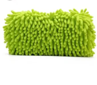 Silver green rectangular Chenille microfiber car wash sponge measuring 14cm by 25cm