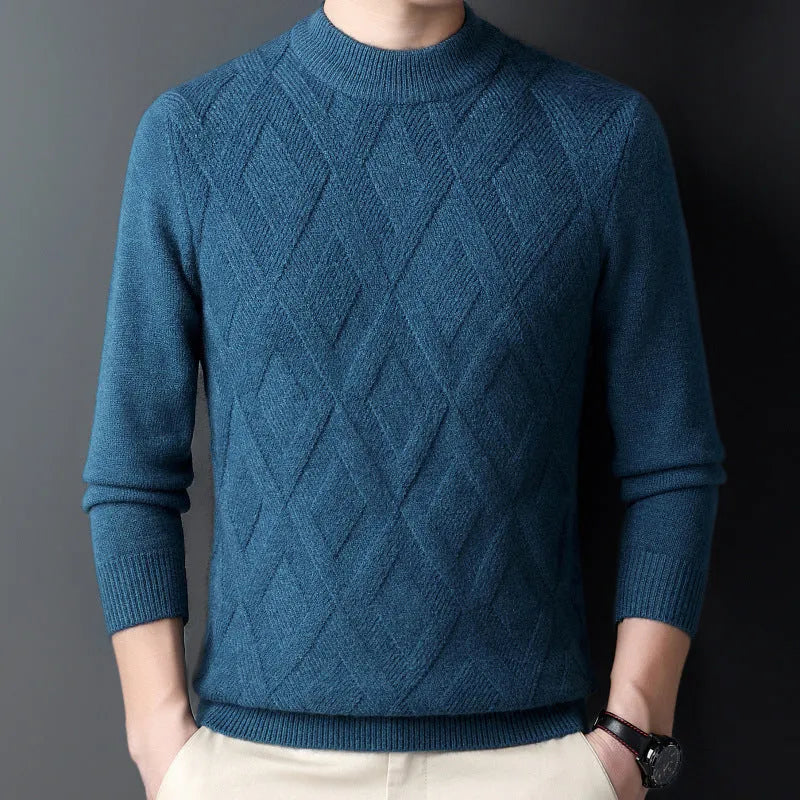 Men's diamond jacquard winter sweater in light camel colour, wool blend fabric