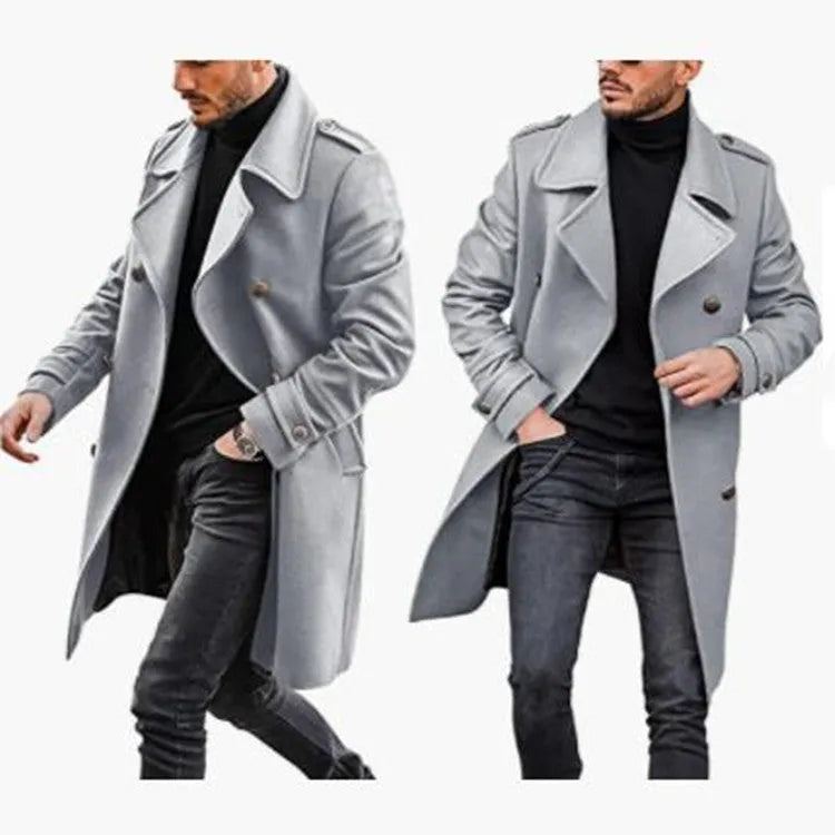 Woolen men's coat in solid colour with polyester lining, straight hem, and embedded pockets on a model