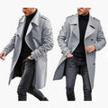 Woolen men's coat in solid colour with polyester lining, straight hem, and embedded pockets on a model