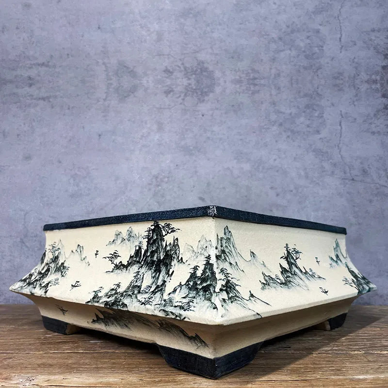 Handmade glazed ceramic flower pot with blue and white hand drawn Chinese style pattern, 34cm size