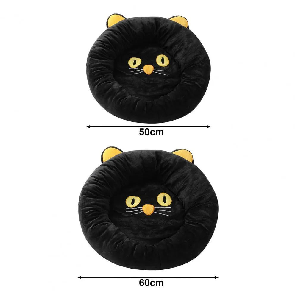 Black cat-shaped velvet pet bed with raised edges for head support in two size options