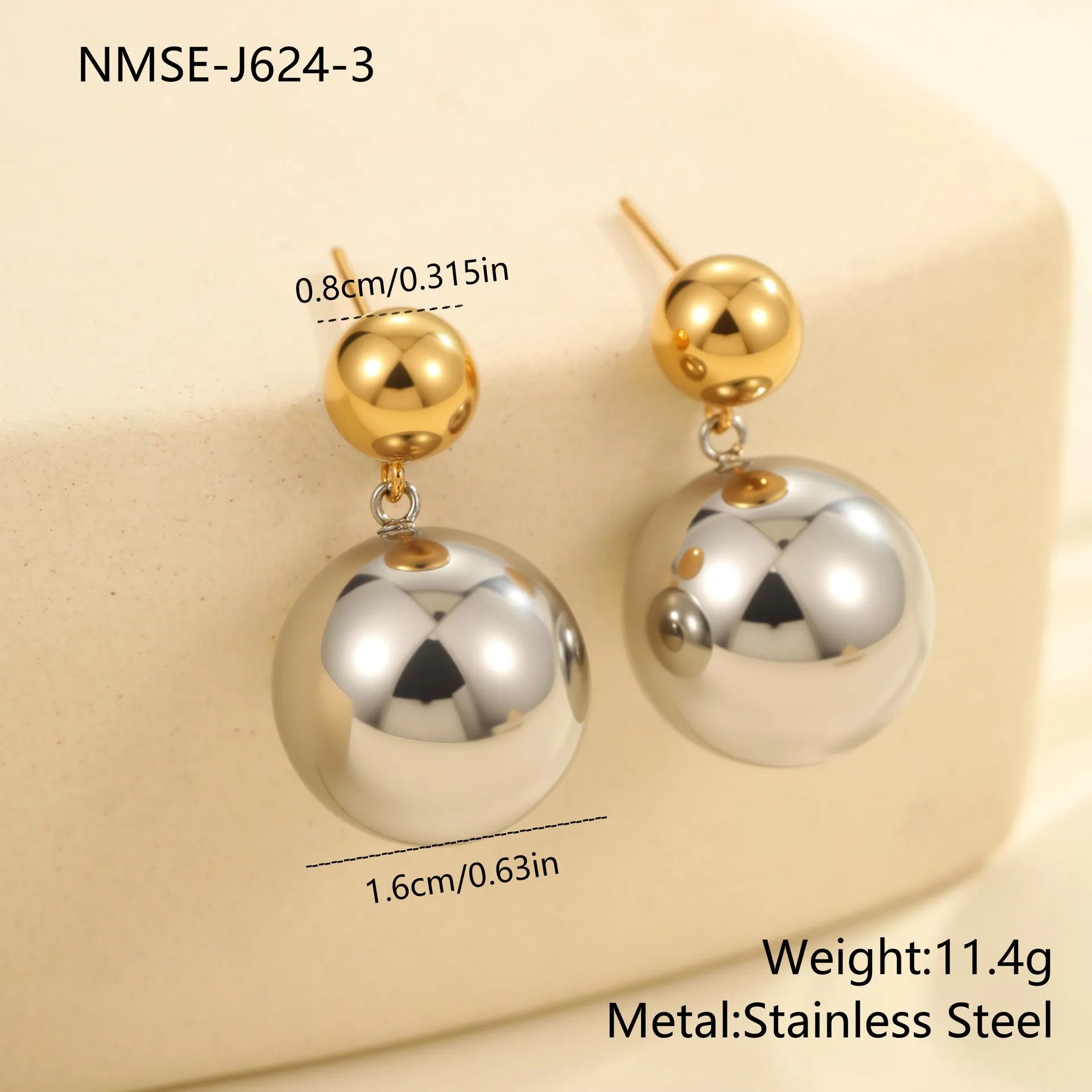 Round bead stainless steel colour-block ear studs with geometric design and electroplated finish