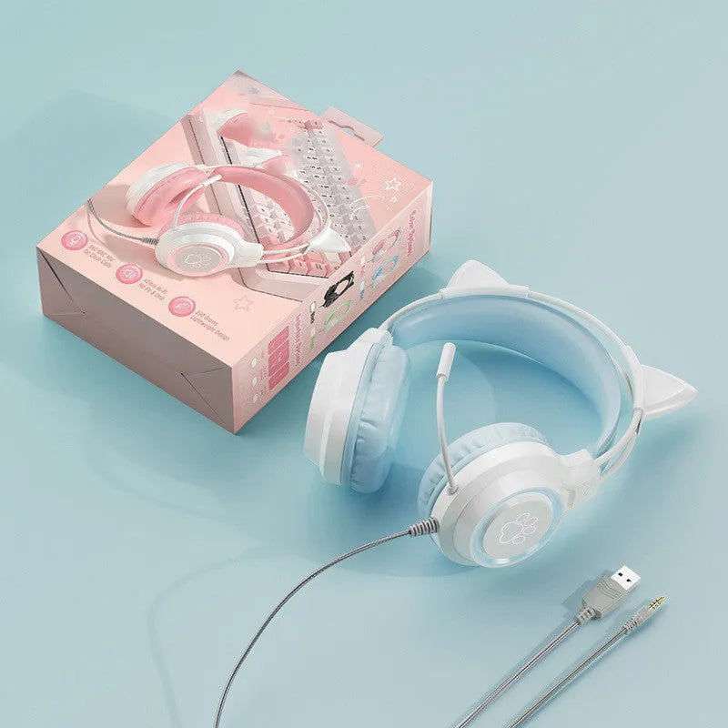 Esports cat ear gaming headset with protein cotton earmuffs and woven cable in pink colour