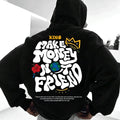 Black Harajuku printed polyester fibre hooded sweatshirt with sizes XS to XXXL