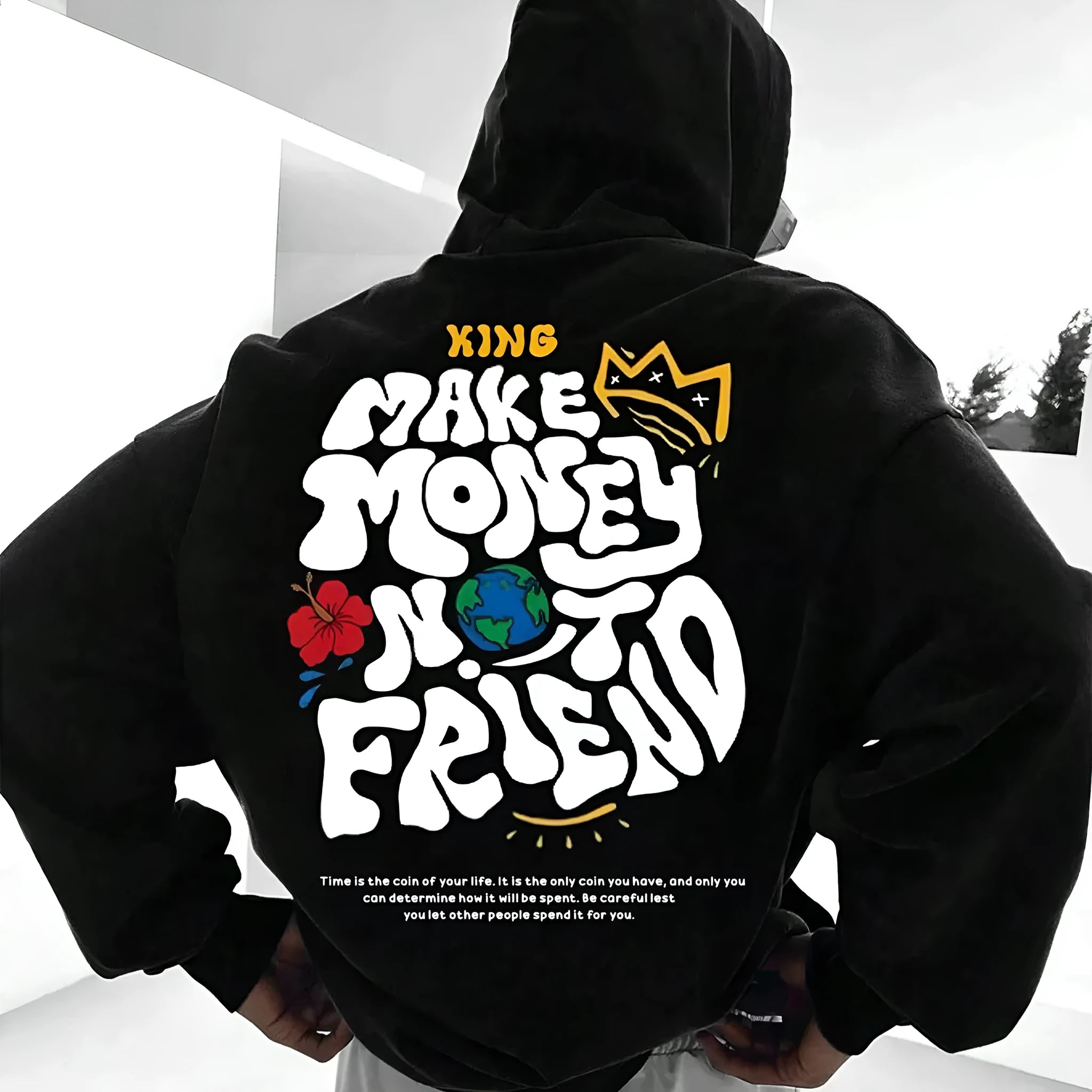 Black Harajuku printed polyester fibre hooded sweatshirt with sizes XS to XXXL