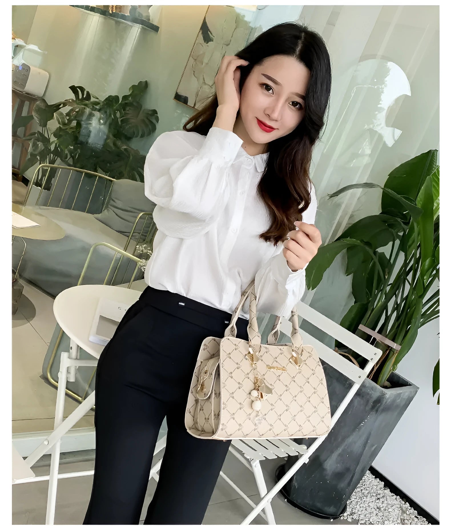 Women's geometric pattern PU leather messenger bag with zipper closure showing internal card slot and phone pocket.