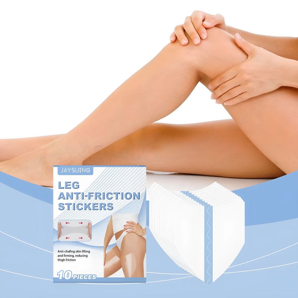 Pack of ten clear leg anti-wear patches on skin, showing gel-like texture for friction protection.