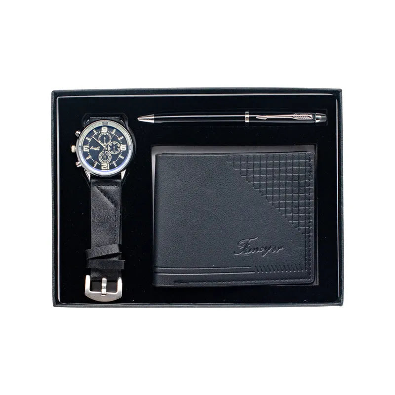 Creative holiday gift set showing a wallet, pen and watch in a modern simplicity gift box with OPP wrap.