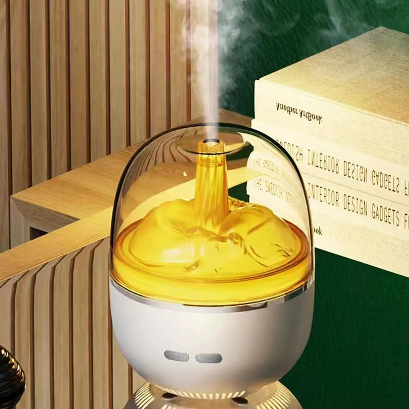 Green ultrasonic aromatherapy humidifier with heavy fog and colourful gradient light on a desk
