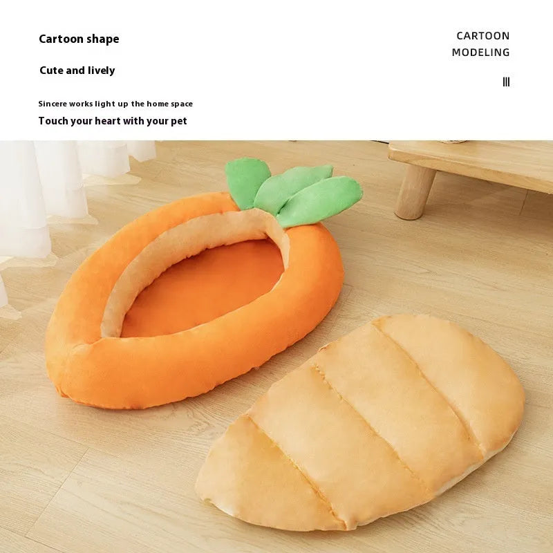 Carrot-themed pet bed with removable washable cover in medium and large size options