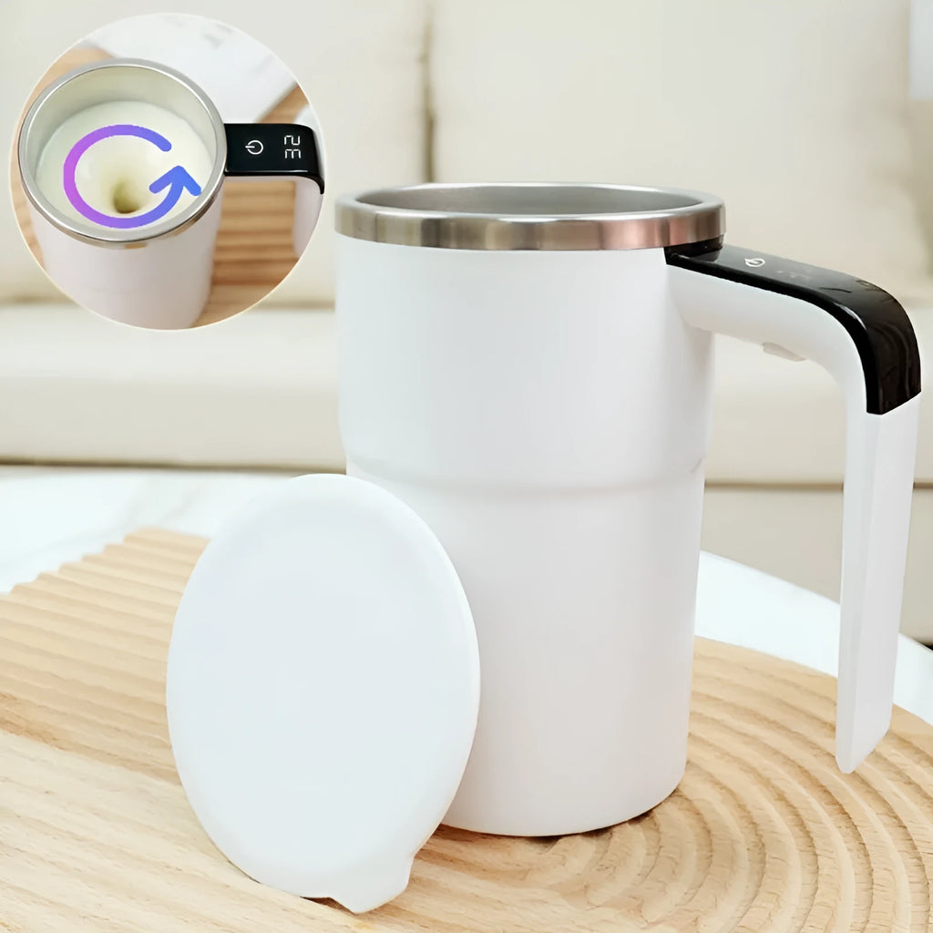 Black or white electric automatic stirring coffee mug with LCD screen and USB charging cable