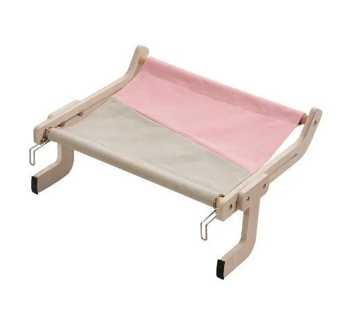 Cat hanging bed with wooden frame in grey powder colour, size 470x395x215mm