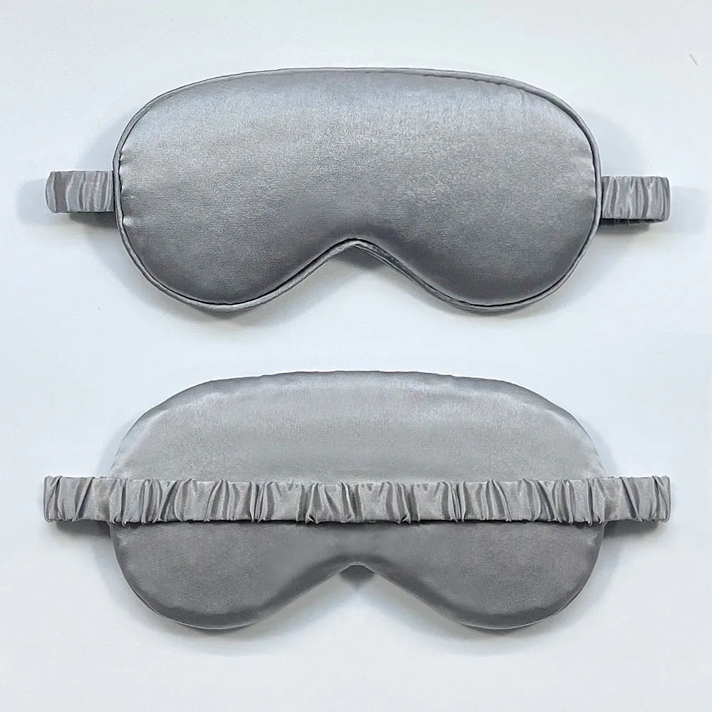 Double-sided silk-like eyeshade in rayon elastic satin shown in multiple colour options including black, beige, and wine red