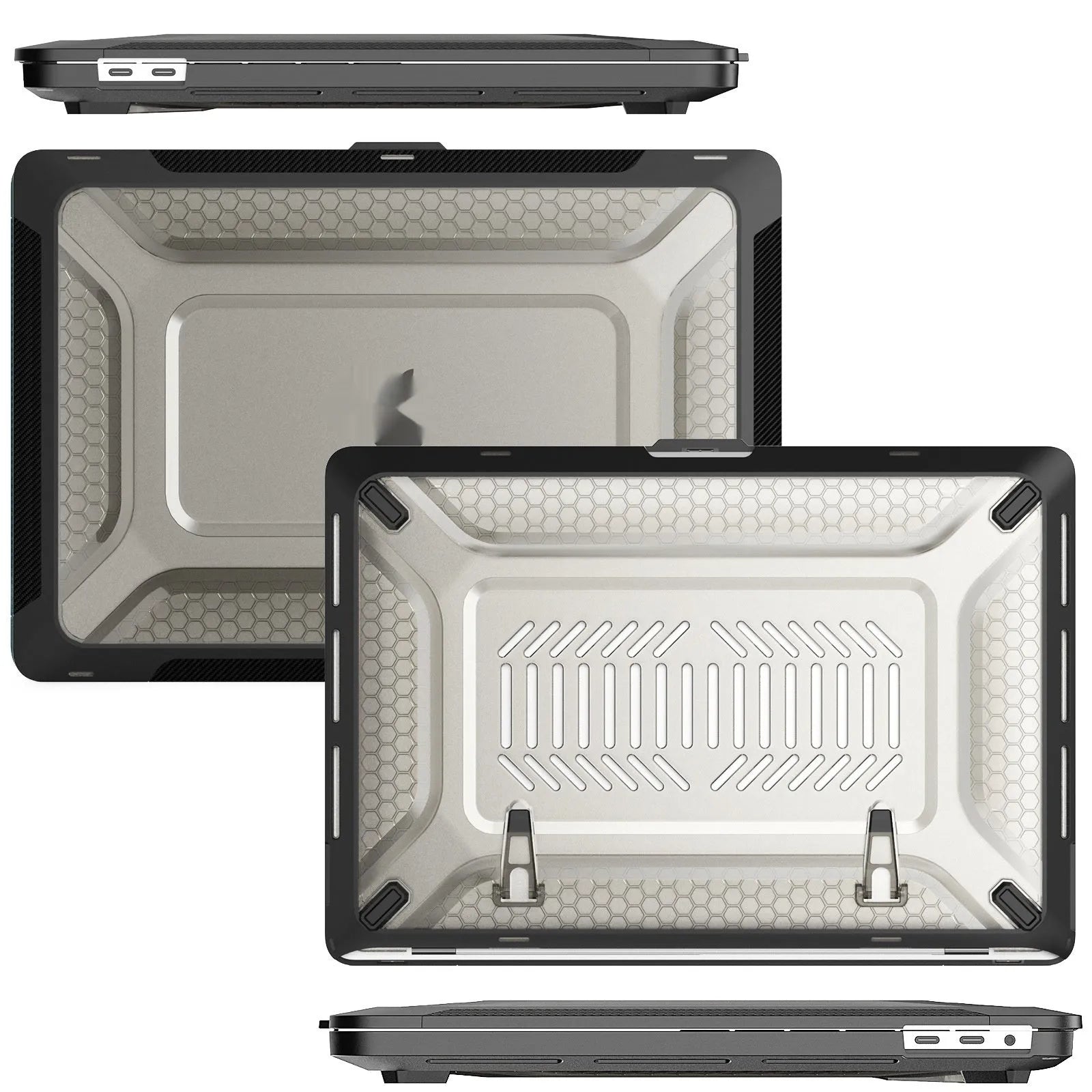 MacBook protective shell case shown in cool black, starry sky grey, elegant apricot, and sapphire blue colours.
