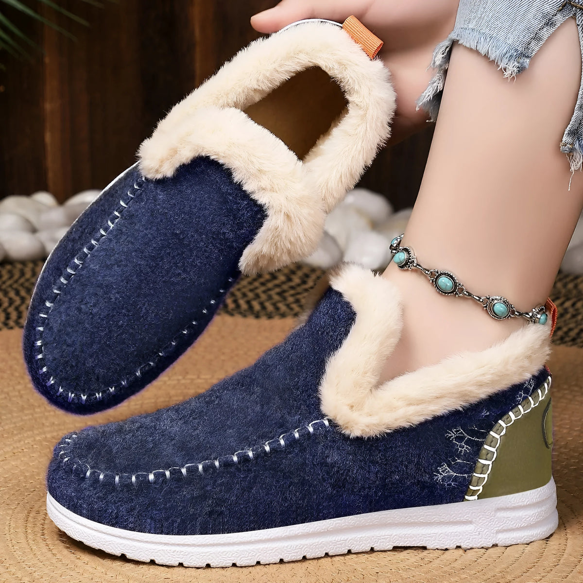Pair of women's cold-proof cotton overboots with flat heel and PVC sole, shown in a choice of colours