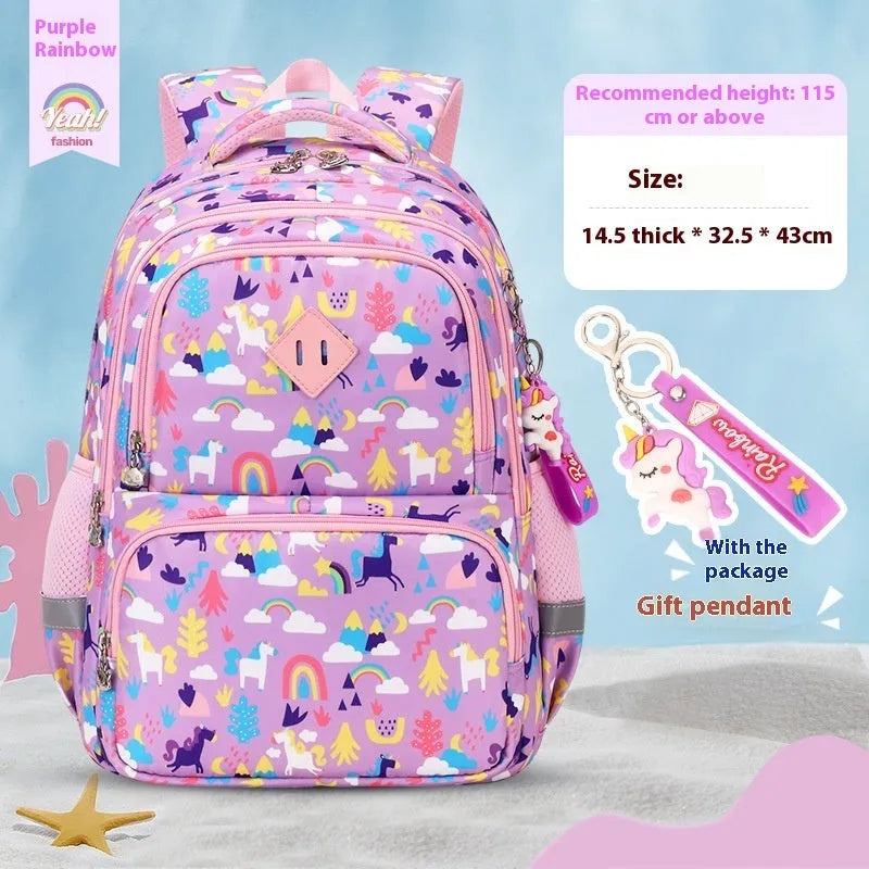 Blue children's school backpack made from Oxford cloth with curved straps, shown in a dinosaur pattern design.