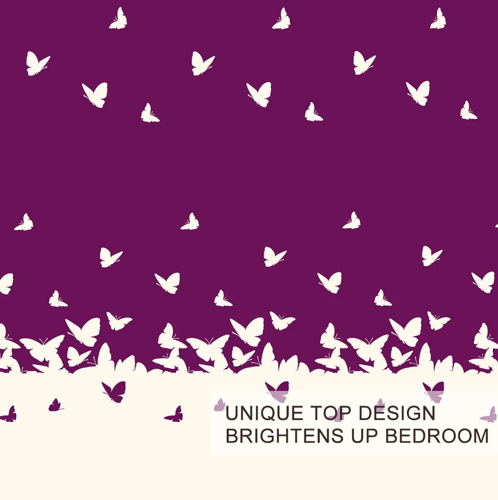 Purple butterfly 3-piece microfiber comforter set with reversible design on a bed