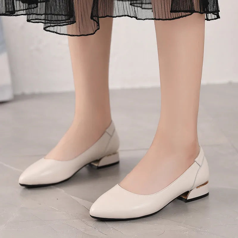 Women's beige cowhide casual shoes with buckle fastening and pointed toe design