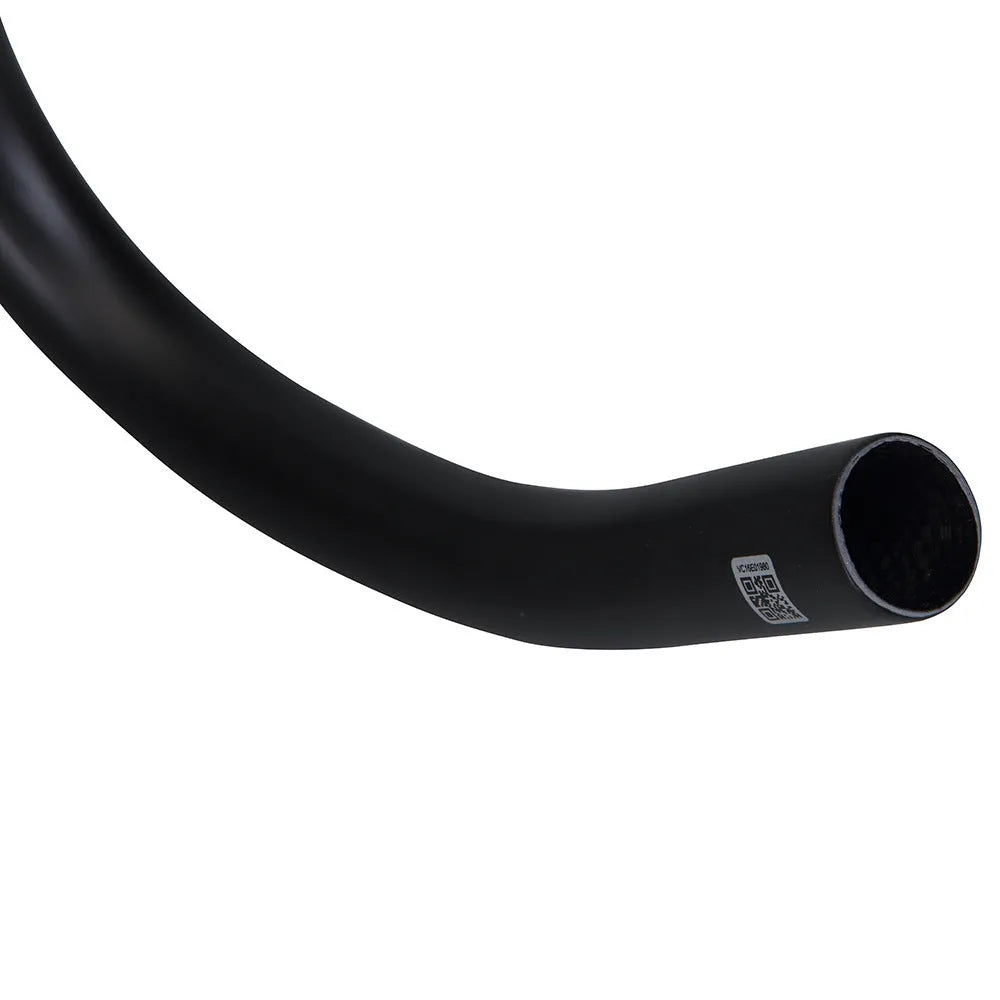Black carbon fibre road bike handlebars showing large outer swing angle design