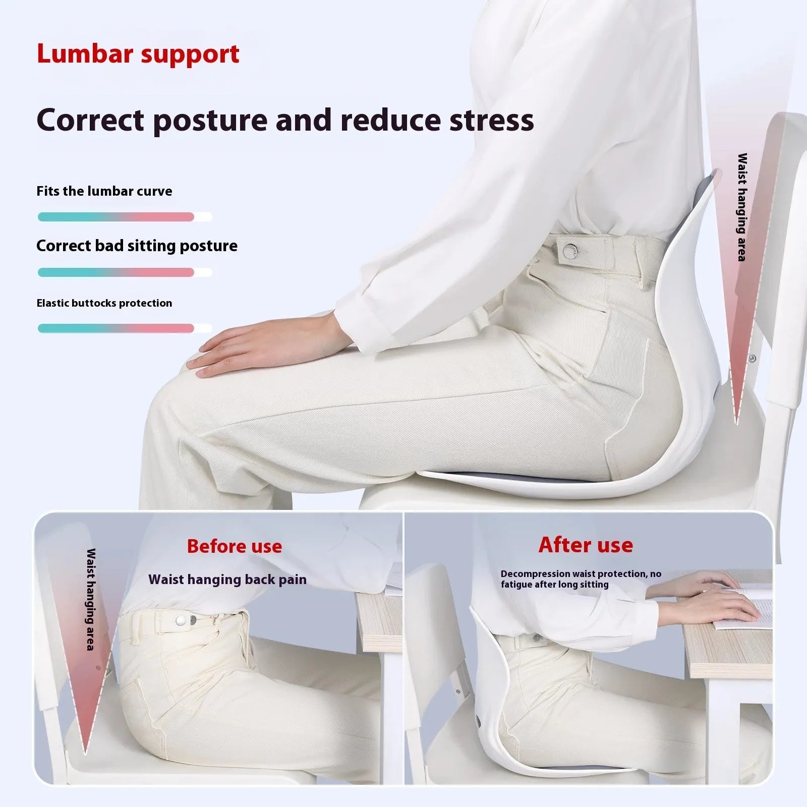 Japanese-style waist support seat cushion with lumbar pillow in grey solid colour