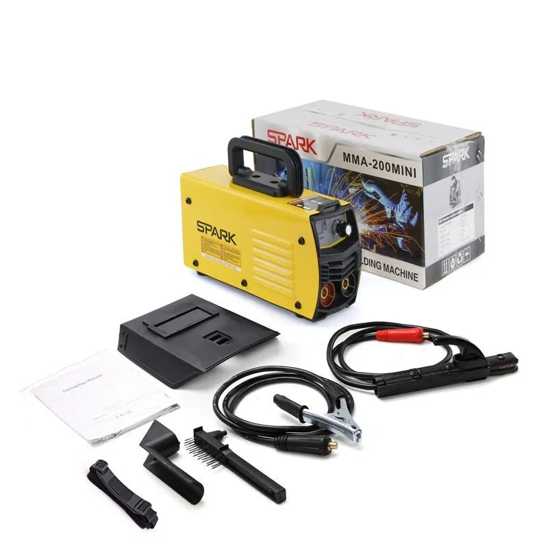 MMA-200MIN compact blue and black inverter welding machine with attached cables, face shield, and brush on a workbench.