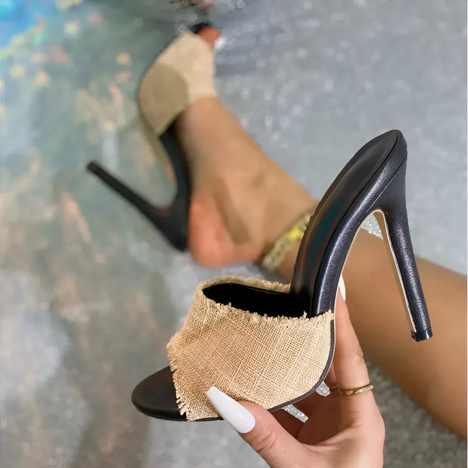 Apricot coloured women's stiletto sandals with separate toe bracket design
