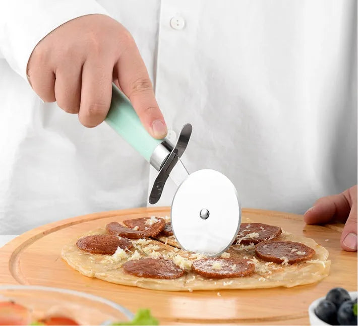Kitchen utensil set with stainless steel heads and plastic handles including grater, whisk, and can opener
