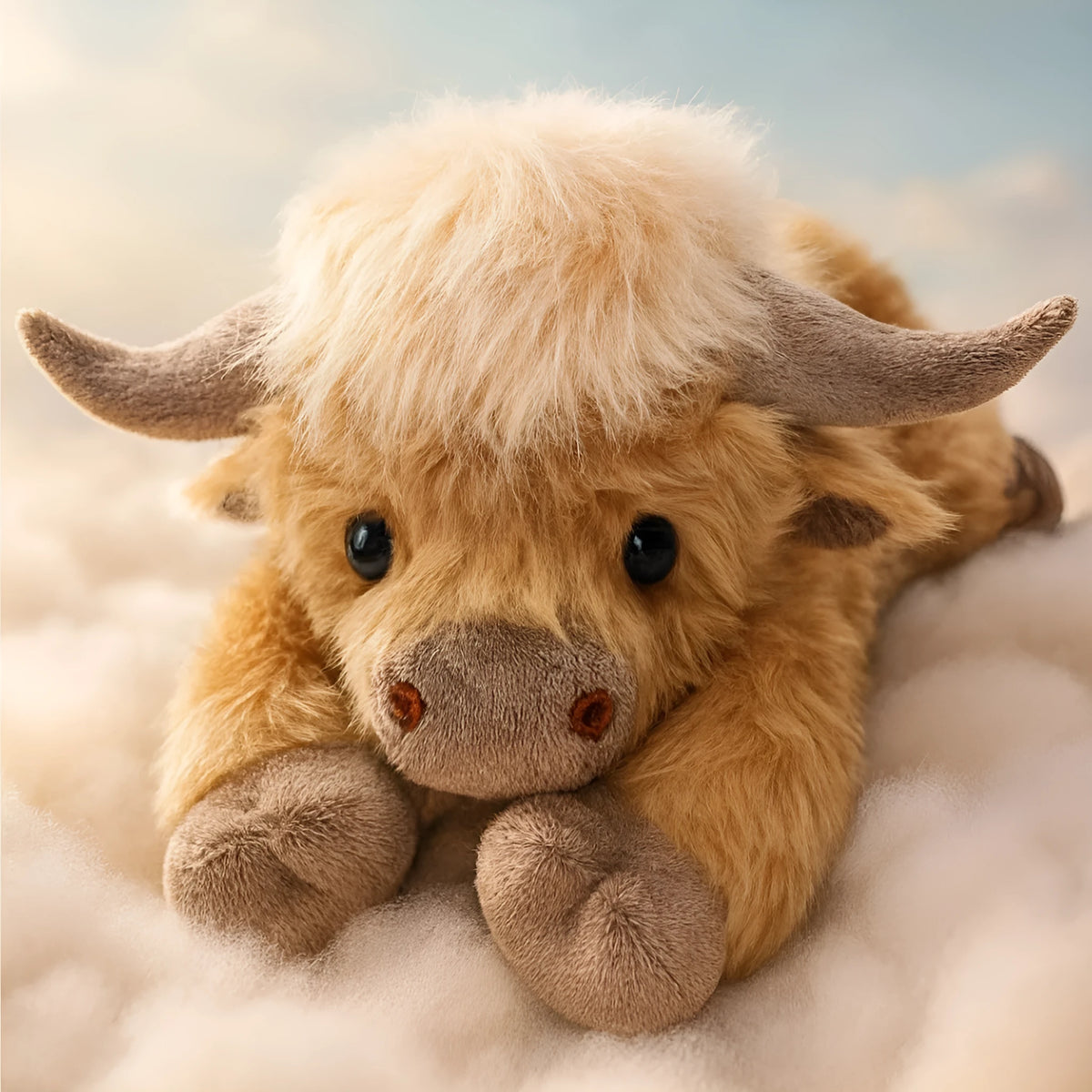 Highland cow plush toy in short plush, 35cm x 15cm x 13cm, American style 3D printed decoration.