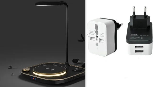 Black three-in-one wireless magnetic charging station with desk lamp and cable on a wooden desk.