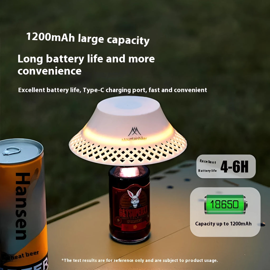 Beige rechargeable wine bottle shaped camping lantern with USB-C port and switch, shown illuminated.