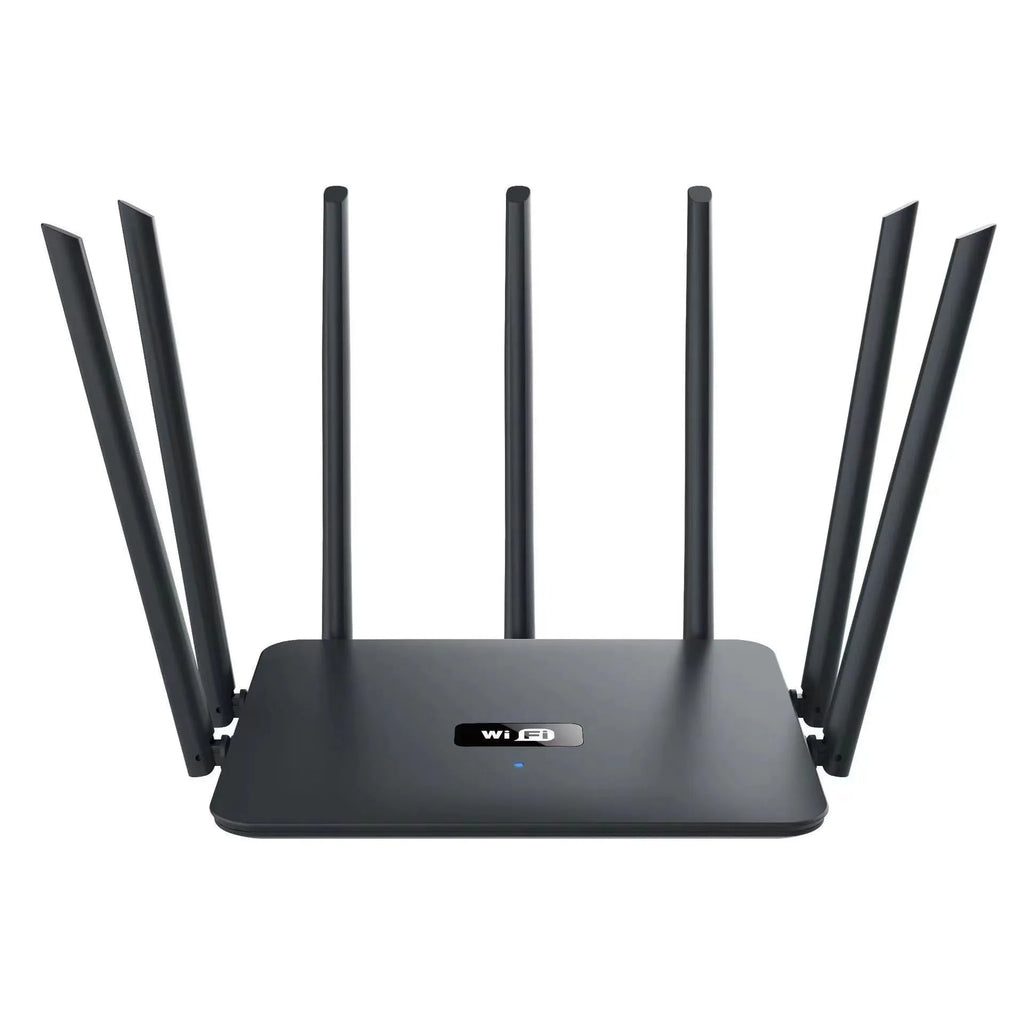 Black and white dual-band 5G gigabit home router with multiple antennas on a desk.