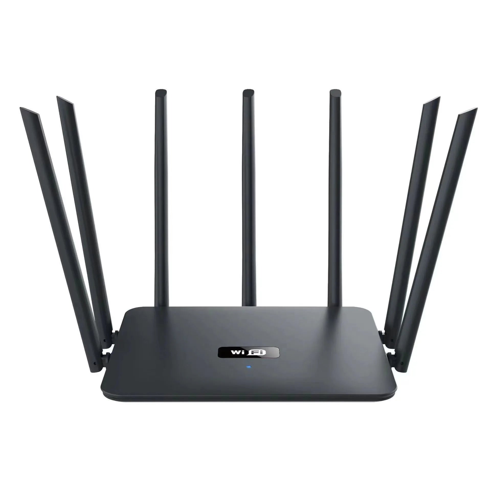 Black and white dual-band 5G gigabit home router with multiple antennas on a desk.