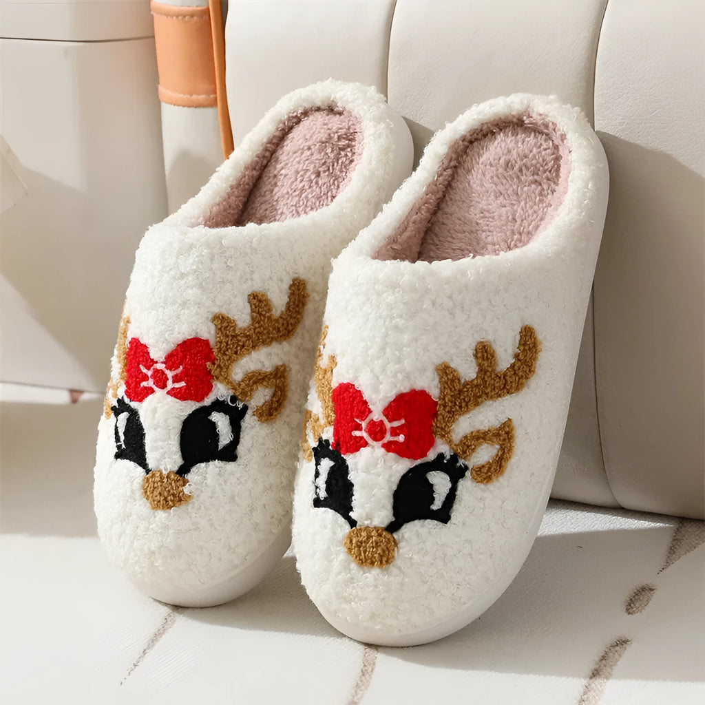 Christmas deer slippers with plush upper, TPR non-slip sole, 3.5cm heel, round toe, fox pattern, sizes 36-45