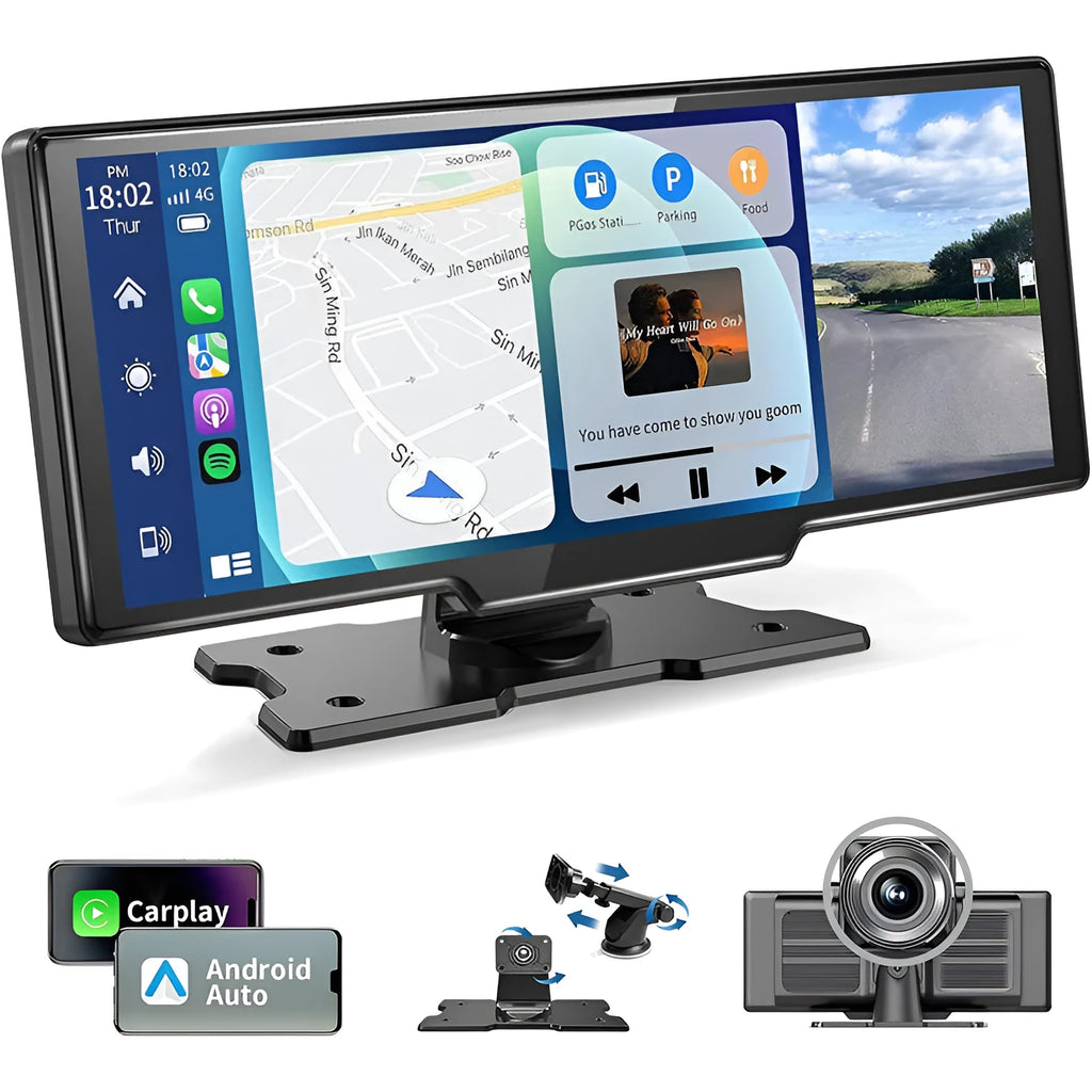 Black car navigation device with 1026-inch touch screen showing split screen display of maps and camera footage