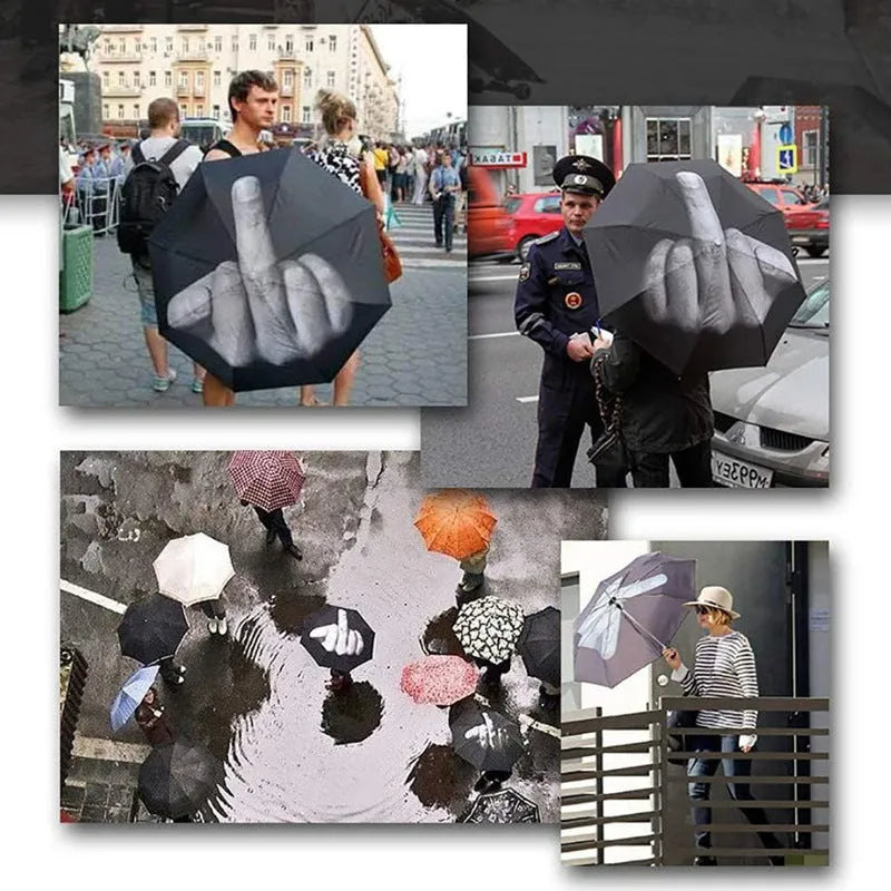 Tri-fold umbrella with eccentric gesture design, shown in folded and open states.