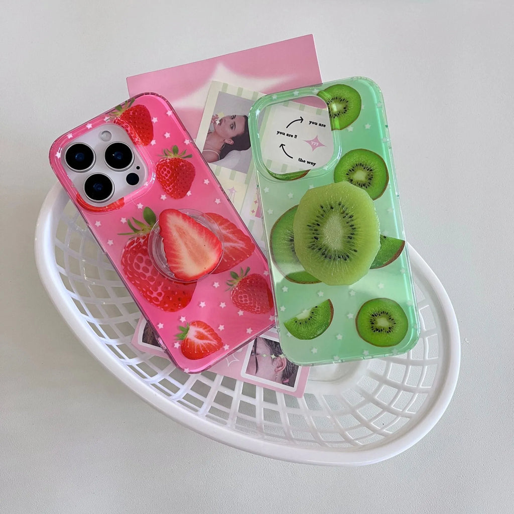 Pink strawberry silicone iPhone case with frosted double-layer finish and cartoon design, shown for iPhone models.