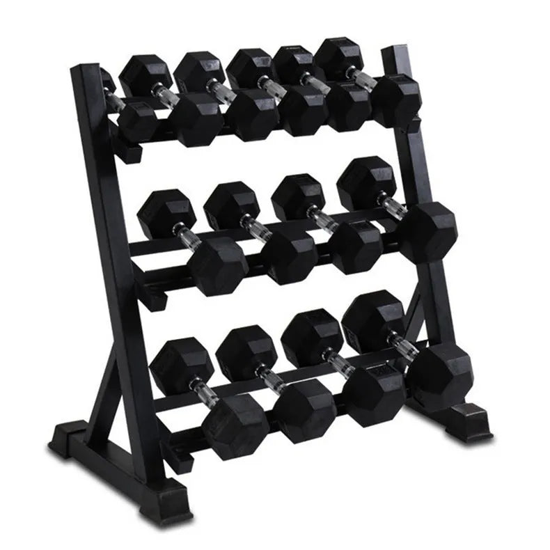 Black three-layer dumbbell rack, 940 x 500 x 950mm, square tube and angle iron frame for home gym storage